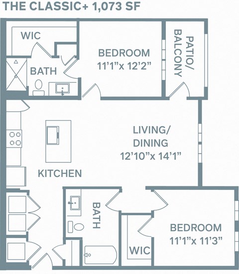 Floor plan for 2 beds, 2 baths, 1073 sqft